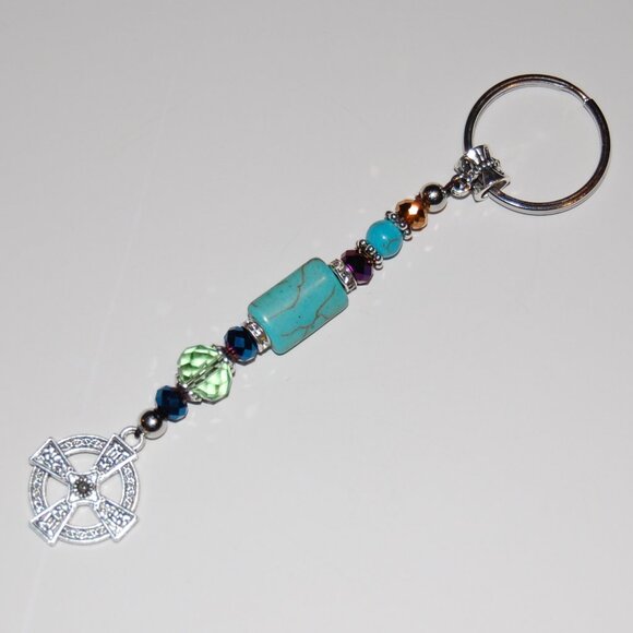 Celtic Cross Keychain,Cross Bag Charm,Turquoise Beaded Keychain - Picture 2 of 2